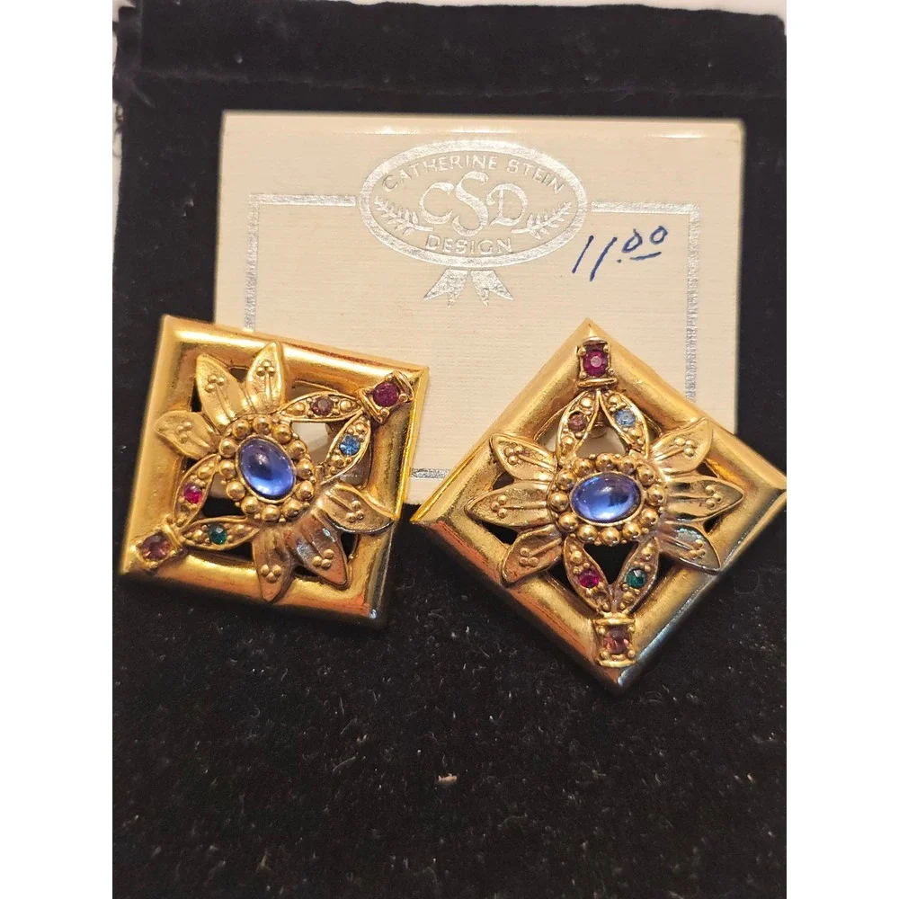 Catherine Stein Design Vintage Gold Multi Color Jewel Floral Square Earrings